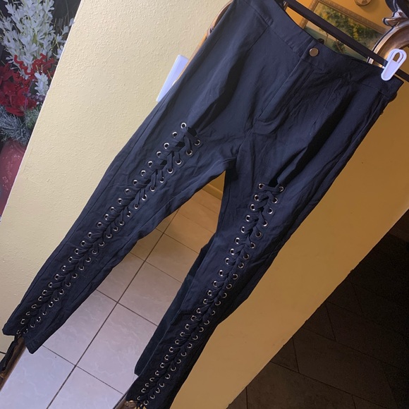 SOLD Black Lace Up Front Corset Style Pants - Picture 1 of 5